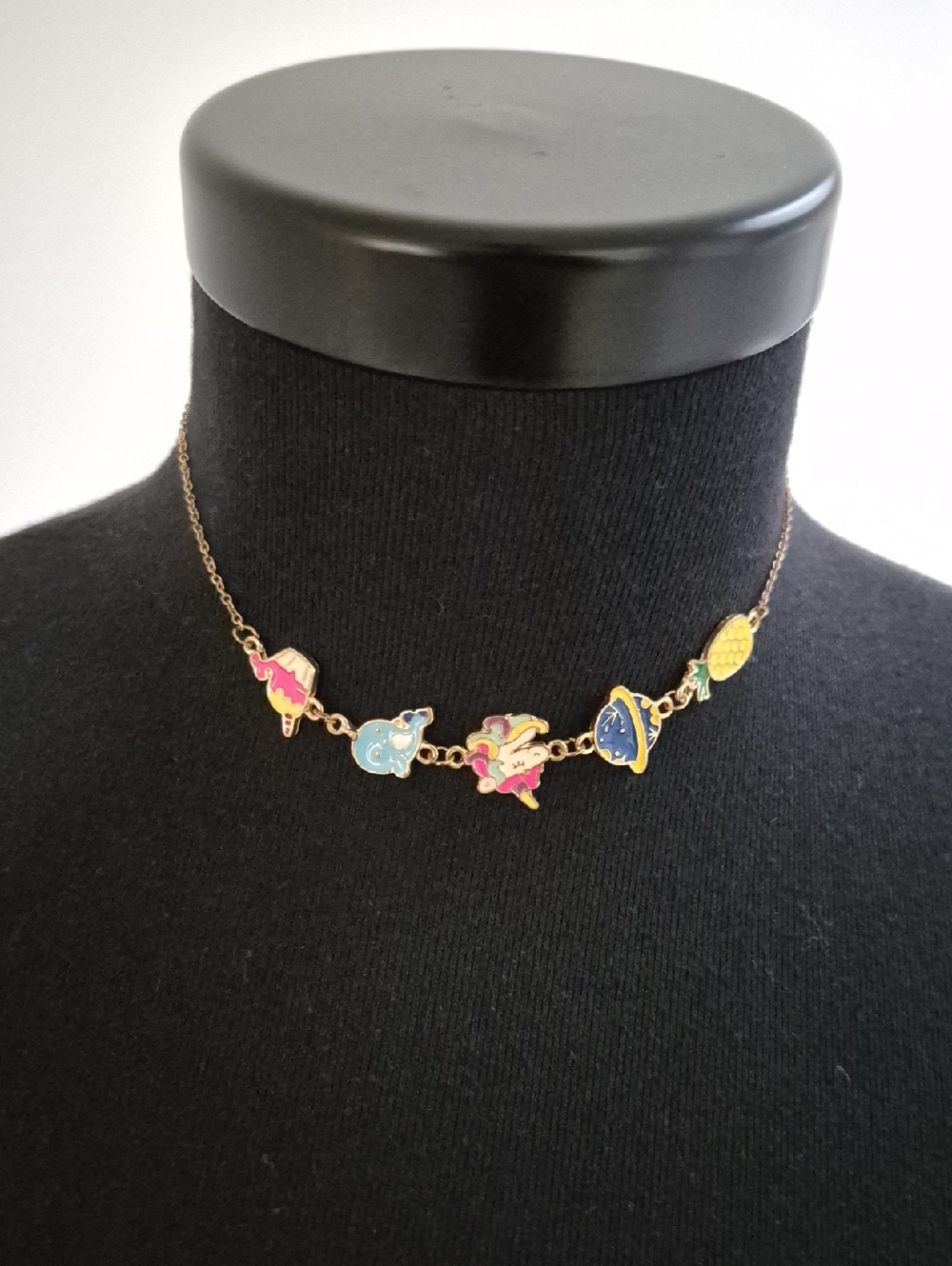 ✨️ Gold Tone Tropical Charm Necklace with Pink, Blue and Yellow Enamel ✨️